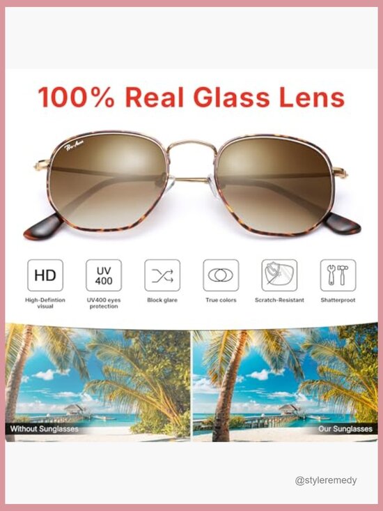 Real Glass Lens Hexagonal Frame Sunglasses with UV400 Protection